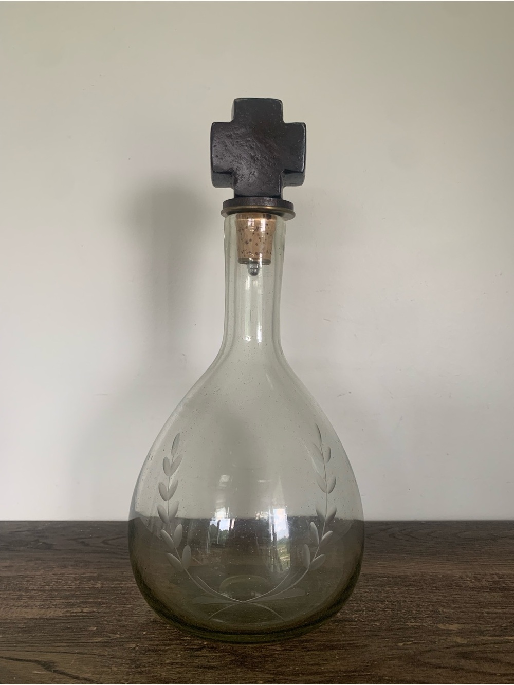Jan Barboglio Cruz WINE DECANTER Cross Laurel Etched Forged Iron RETIRED VTG